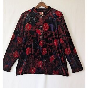 JM Collection Shirt 1X Velvet Dark Floral Button Front Wimsygoth Red Purple Gold
